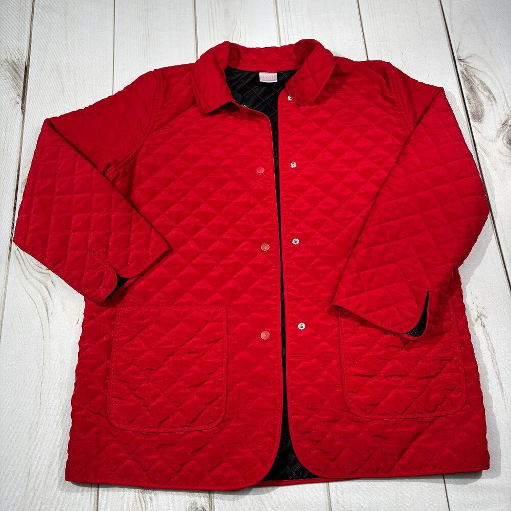 Avon Large Quilted Coat Jacket Red Black Polyester Snaps Collar Lightweight Vtg